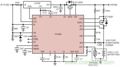 LTC4000 和 LTC3789：6V 至 36VIN、4 節(jié) 5A 鋰離子電池充電器