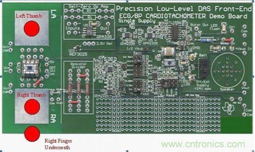 精密型低電平 ECG 心率計電路板的正面圖