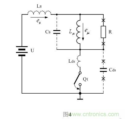 圖4是圖3中的開關(guān)管Q1導通時對應的等效工作原理圖