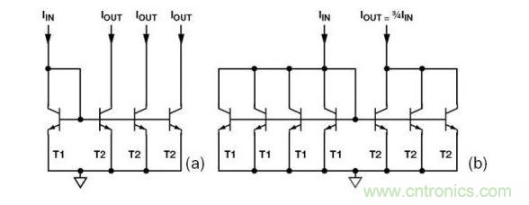 （a） 多級電流鏡 （b） 非整數(shù)比例電流鏡可將3個T2集電極結(jié)合起來，得到3IIN