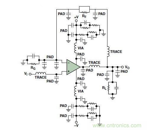 典型的運(yùn)算放大器電路，(a)原設(shè)計(jì)圖，(b)考慮寄生效應(yīng)后的圖