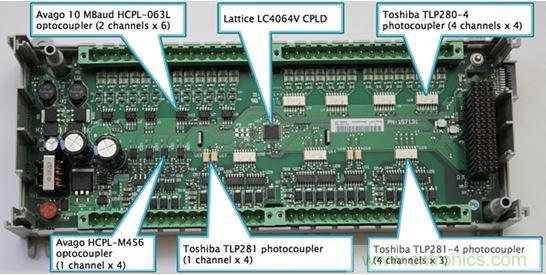 圖2：Rockwell選擇光耦作為Micro850 PLC的數字I/O電路板上的設備輸入和輸出端的核心隔離策略。