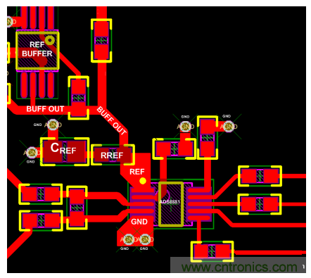 具有一個(gè)外部基準(zhǔn)和緩沖的ADC布局布線示例